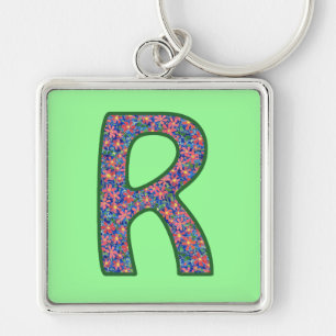 Custom Monogram R Keychain, Ditsy Floral Pattern Key Ring