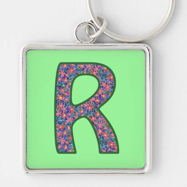 Custom Monogram R Keychain, Ditsy Floral Pattern Key Ring (Front)