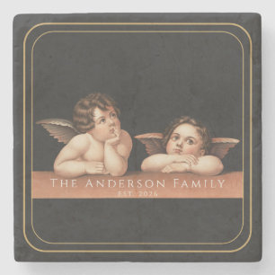 Custom Monogram Raphael Cherub Gold Border Stone Coaster