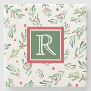 Custom Monogram Red and Green Christmas Foliage Stone Coaster