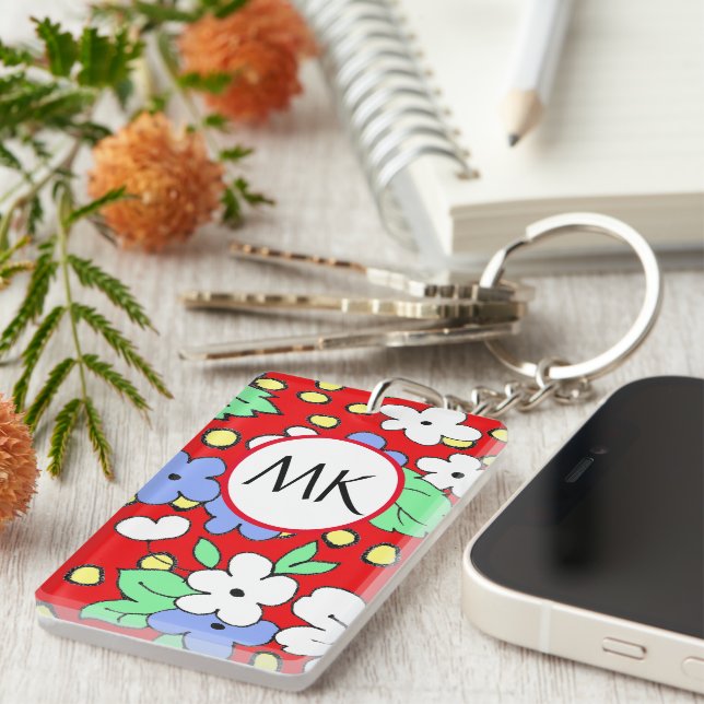Custom monogram red and white flowers key ring (Front Right)