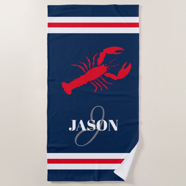 Custom monogram red lobster navy blue & red stripe beach towel (Front)