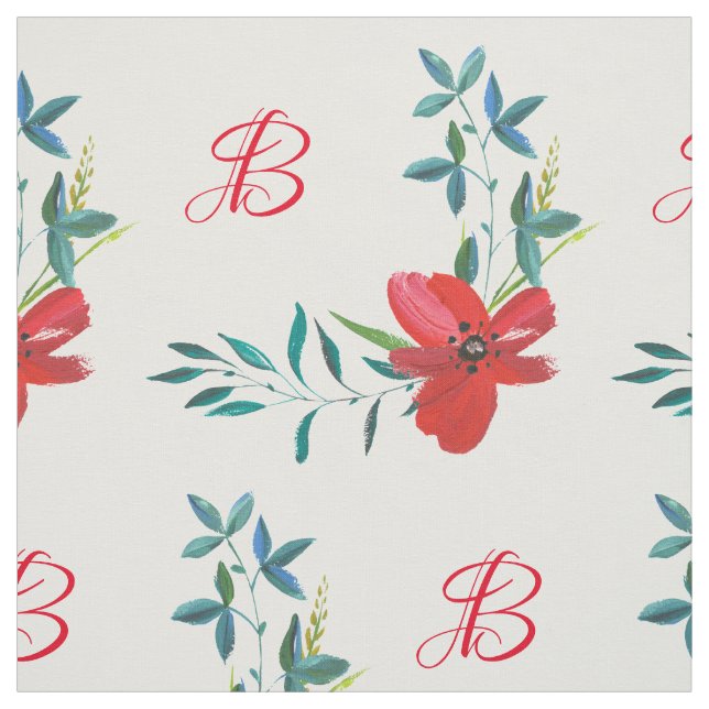 Custom Monogram Red Poppies Cotton Fabric by Yard (Swatch)