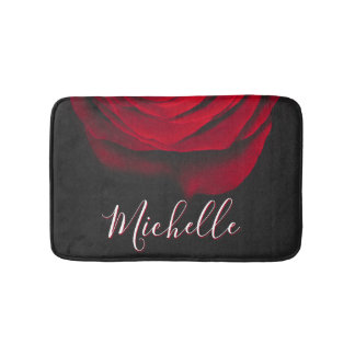 Custom monogram red rose vintage photograph black bath mat
