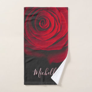 Custom monogram red rose vintage photograph black bath towel set