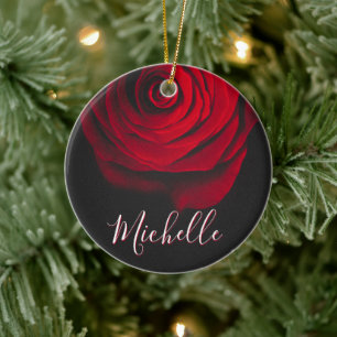 Custom monogram red rose vintage photograph black ceramic ornament