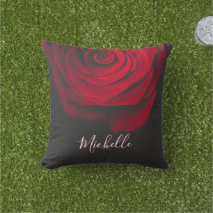 Custom monogram red rose vintage photograph black cushion