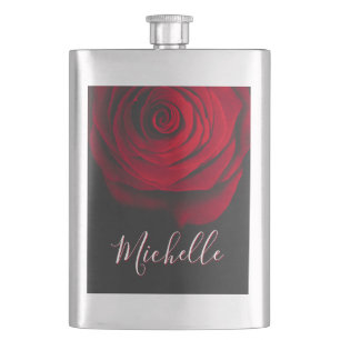 Custom monogram red rose vintage photograph black hip flask