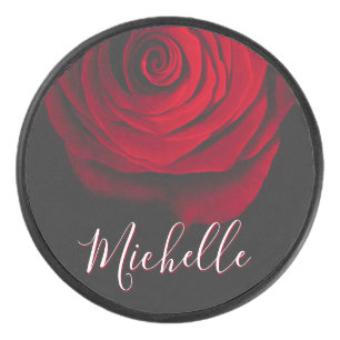 Custom monogram red rose vintage photograph black hockey puck