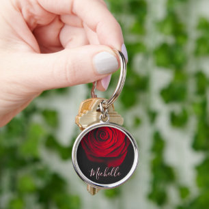 Custom monogram red rose vintage photograph black key ring