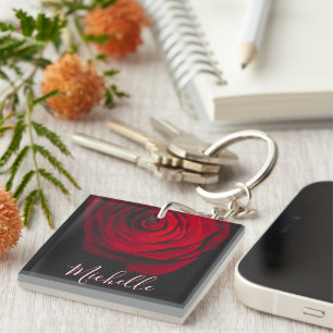 Custom monogram red rose vintage photograph black key ring