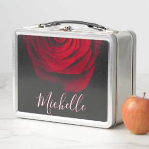 Custom monogram red rose vintage photograph black metal lunch box