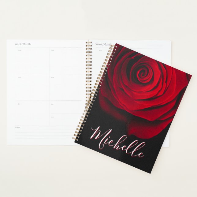 Custom monogram red rose vintage photograph black planner (Display)