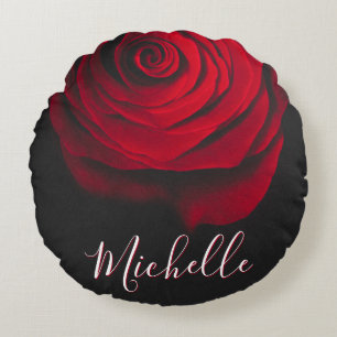 Custom monogram red rose vintage photograph black round cushion