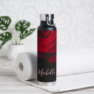 Custom monogram red rose vintage photograph black water bottle