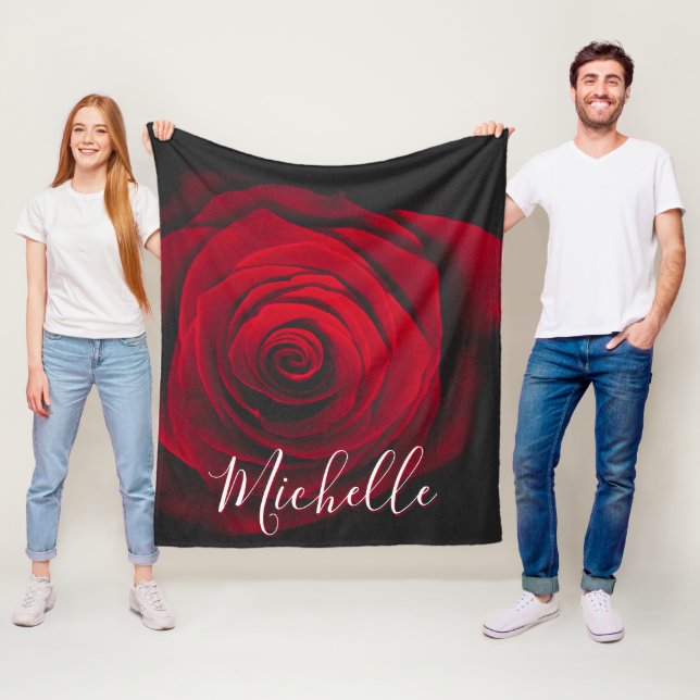 Custom monogram red rose vintage photograph fleece blanket (In Situ)