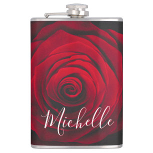Custom monogram red rose vintage photograph hip flask