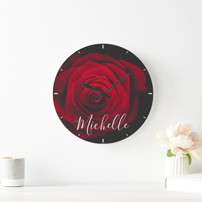 Custom monogram red rose vintage photograph large clock (Home)