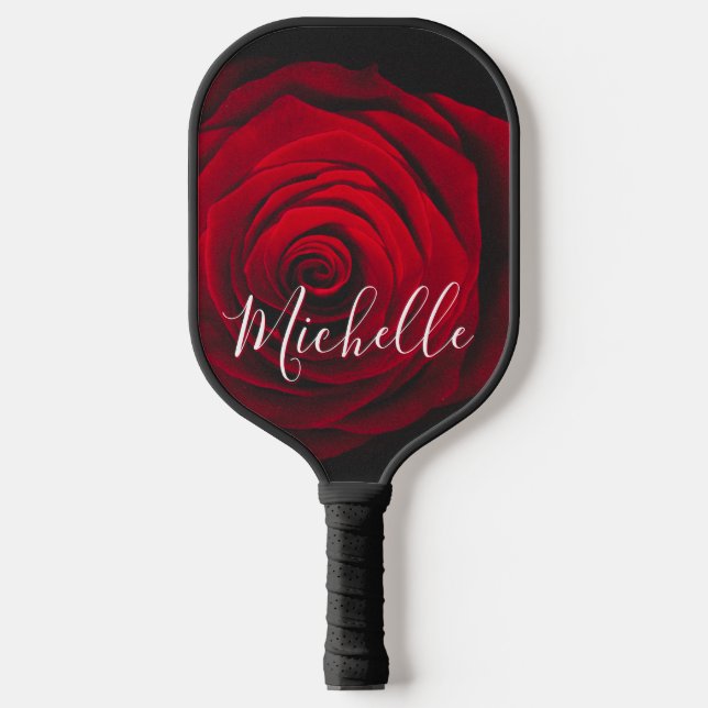 Custom monogram red rose vintage photograph pickleball paddle (Front)