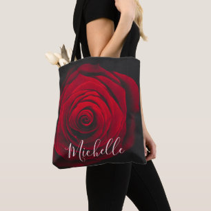 Custom monogram red rose vintage photograph tote bag