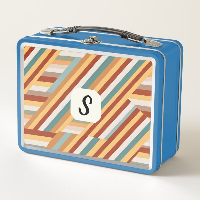 Custom Monogram Retro 70s Geometric Abstract  Metal Lunch Box (Front)