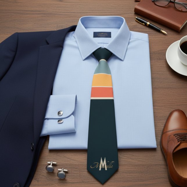 Custom Monogram Retro 70s Mod Navy Pink Striped Tie (Creator Uploaded)