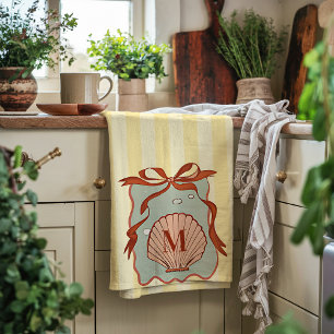 Custom Monogram Retro Coastal Seashell Tea Towel