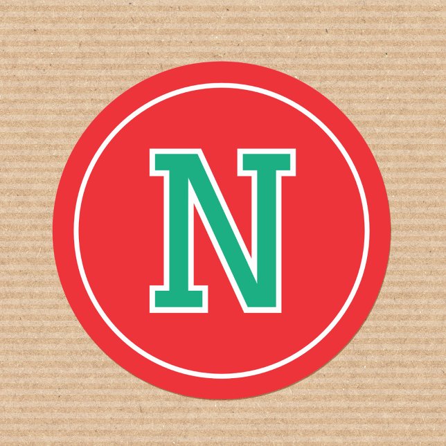 Custom Monogram Retro Typography Red Green Classic Round Sticker (Creator Uploaded)