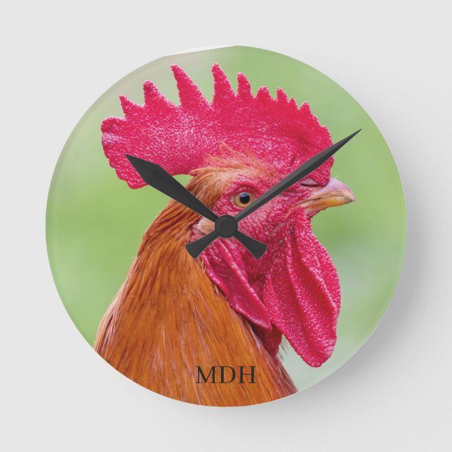 Custom monogram Rooster Close-Up Round Clock (Front)