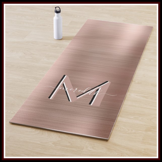 Custom Monogram Rose Gold Brushed Metallic Script  Yoga Mat (Creator Uploaded)