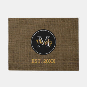 Custom Monogram   Rustic Burlap Family Name Year Doormat
