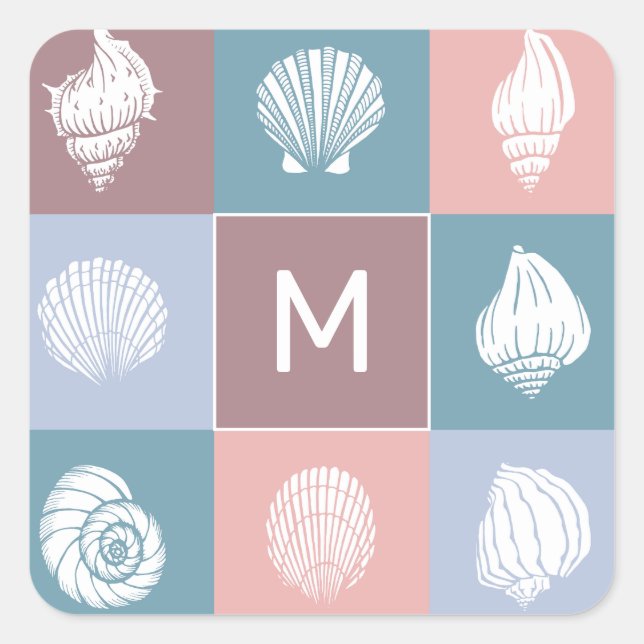 Custom Monogram Seashells Pattern Square Sticker (Front)