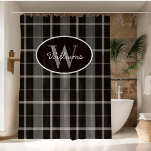Custom Monogram Shower Curtain Plaid Grey Black 