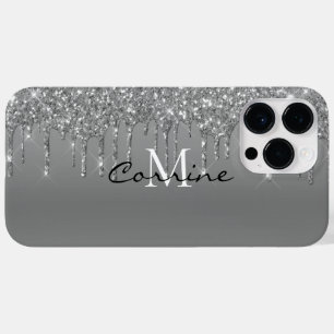 Custom Monogram Silver Glitter Drips Metallic Case-Mate iPhone 14 Pro Max Case