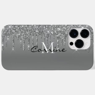 Custom Monogram Silver Glitter Drips Metallic Case-Mate iPhone 14 Pro Max Case