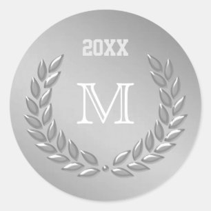 Custom Monogram  Silver Grey Laurel Wreath Classic Round Sticker