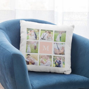 Custom Monogram Simple White Square Photo Collage Cushion