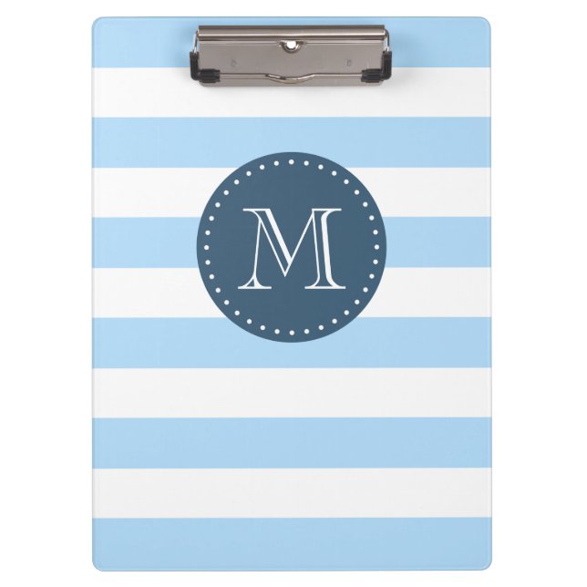 Custom Monogram Sky Blue and Navy Bold Stripes Clipboard (Front)