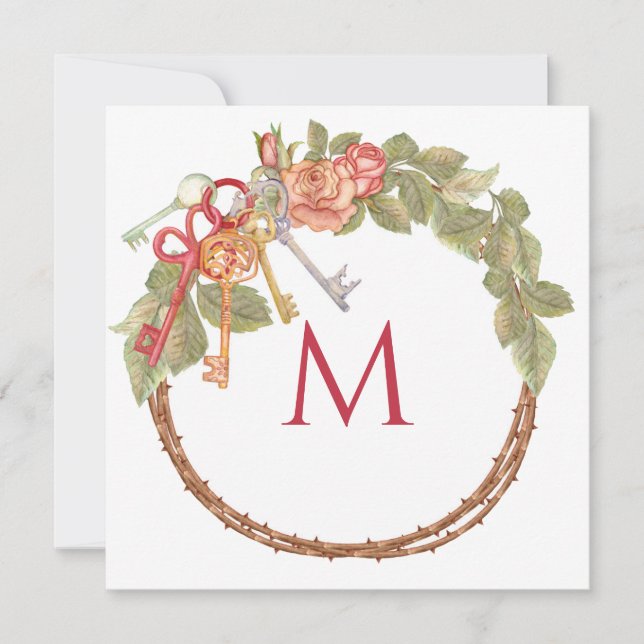 Custom Monogram Stationary with Key & Wreath Invitation (Front)