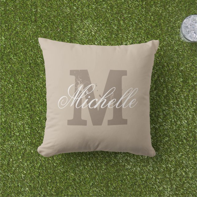 Custom monogram taupe beige outdoor throw pillow (Grass)