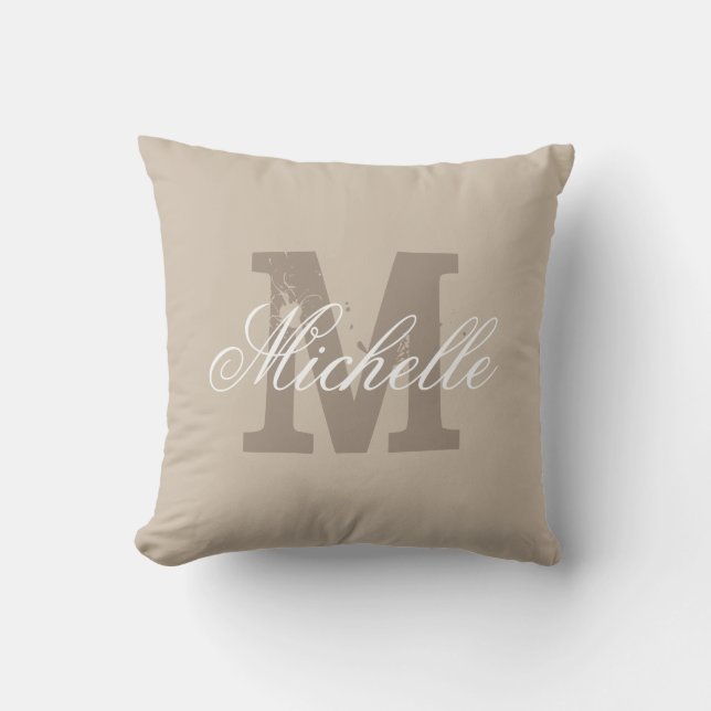 Custom monogram taupe beige outdoor throw pillow (Front)