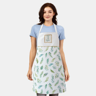 Custom Monogram, Teal, Green and Gold Leaf Pattern Apron