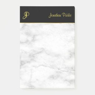 Custom Monogram Template White Marble Black Gold Post-it Notes
