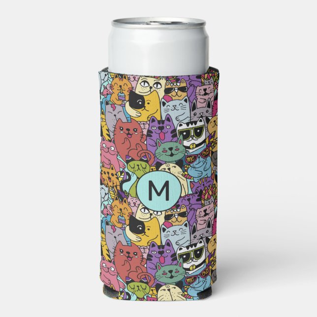Custom Monogram & Text Funny Cats Illustration Seltzer Can Cooler (Seltzer Front)
