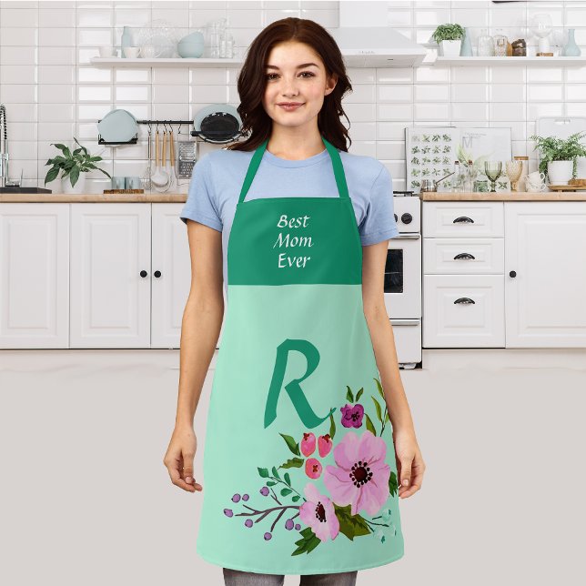 Custom Monogram Thanksgiving Floral Green Apron (Creator Uploaded)
