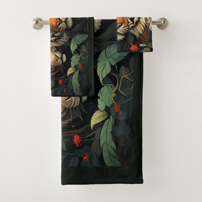 Custom Monogram Tigers Illustration Bath Towel Set (Insitu)