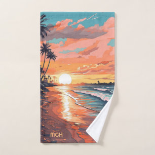 Custom Monogram Tropical Beach Sunset Hand Towel