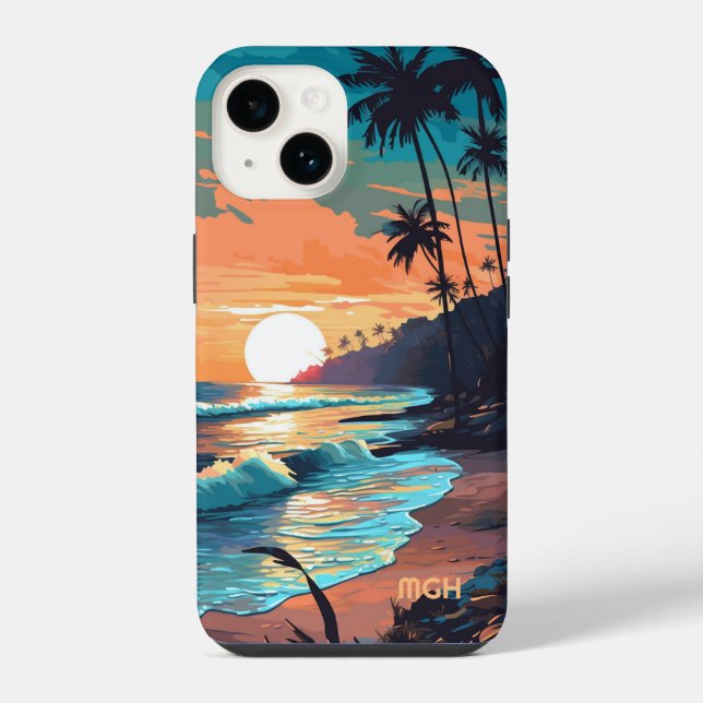 Custom Monogram Tropical Beach Sunset iPhone Case (Back)