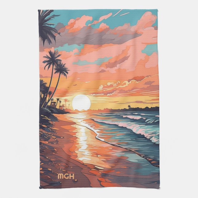 Custom Monogram Tropical Beach Sunset Tea Towel (Vertical)