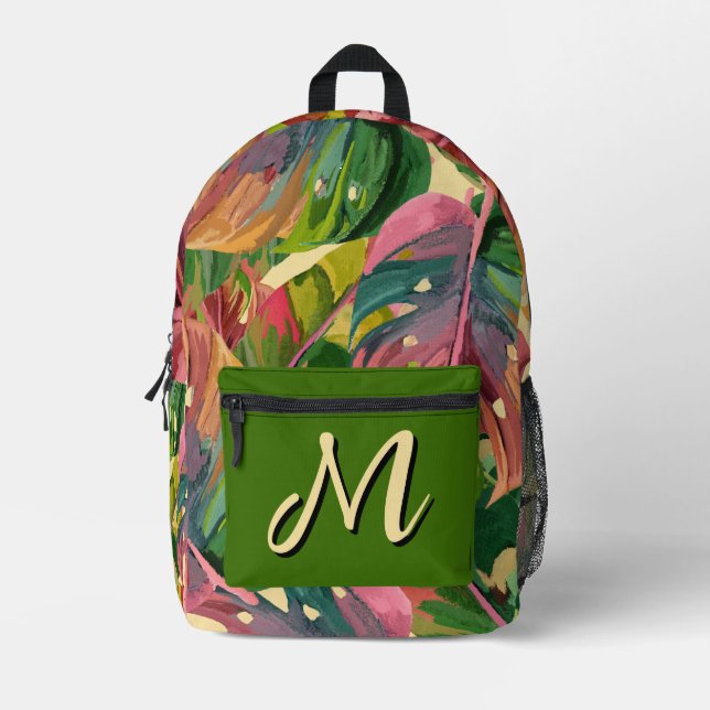 Custom Monogram Tropical Leaves Colourful Abstract Printed Backpack (Front)